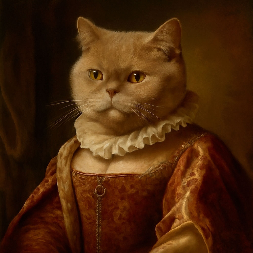 A fluffy cat is lying flat on a shiny tiled floor, looking directly at the camera with a slightly grumpy but adorable expression, while the background is softly blurred with warm tones.