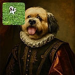 A fluffy dog lies happily in a lush green field dotted with white clover flowers, tongue out and enjoying the sunny day like a true grass connoisseur.