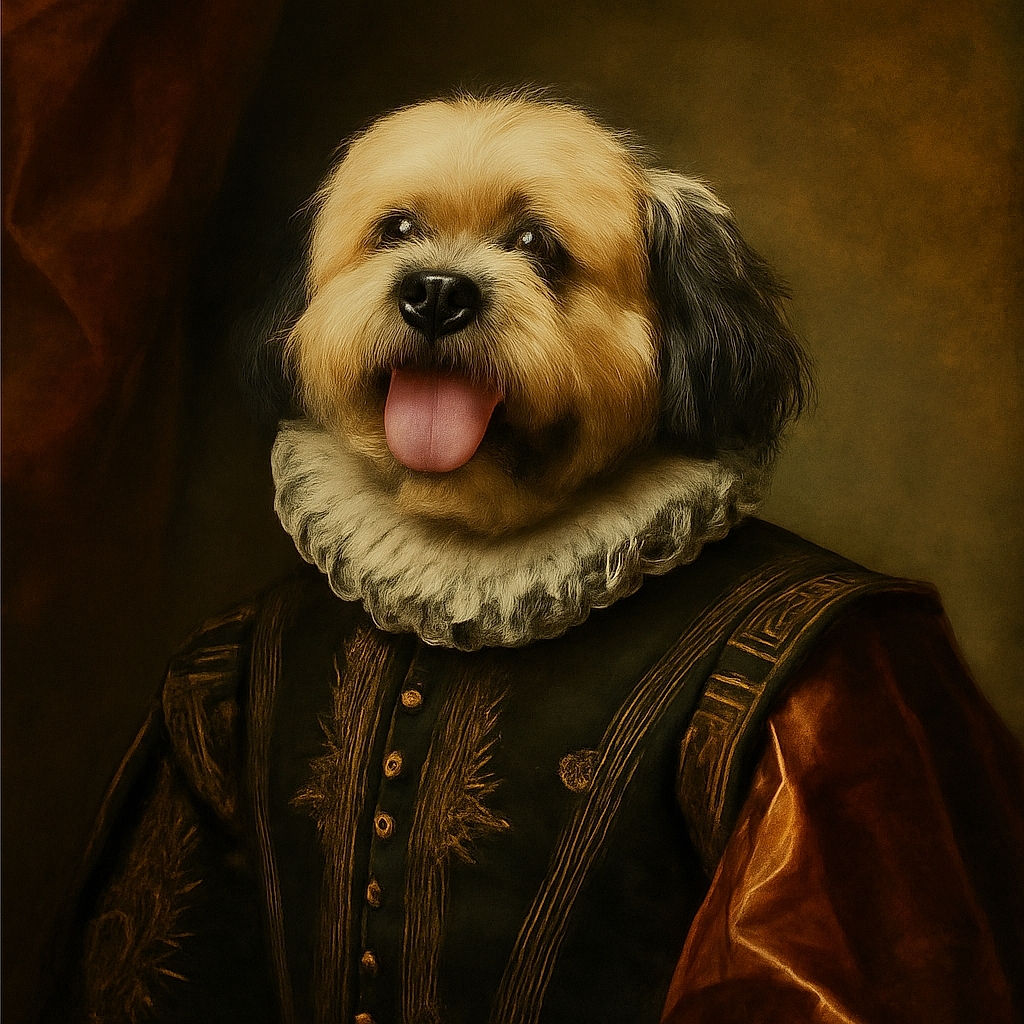 A fluffy dog lies happily in a lush green field dotted with white clover flowers, tongue out and enjoying the sunny day like a true grass connoisseur.