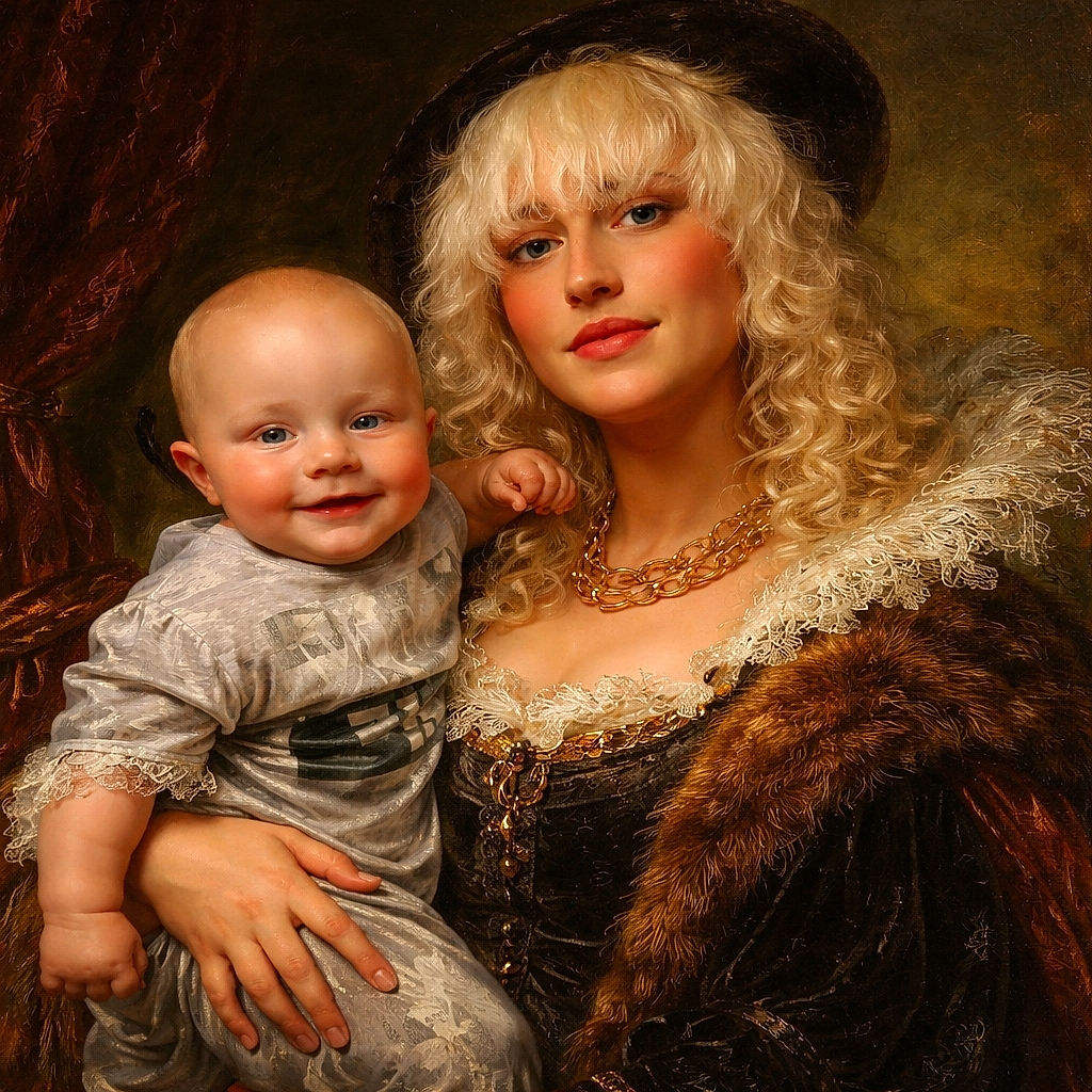A cozy selfie featuring a smiling baby and a stylish adult with curly blonde hair and a black hat, sharing a warm moment indoors with soft lighting and casual attire.