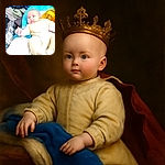 A slightly blurry photo of a baby lying in a cozy blue and white cushioned seat, surrounded by a pile of clothes and blankets in the background, giving a casual and homey vibe.