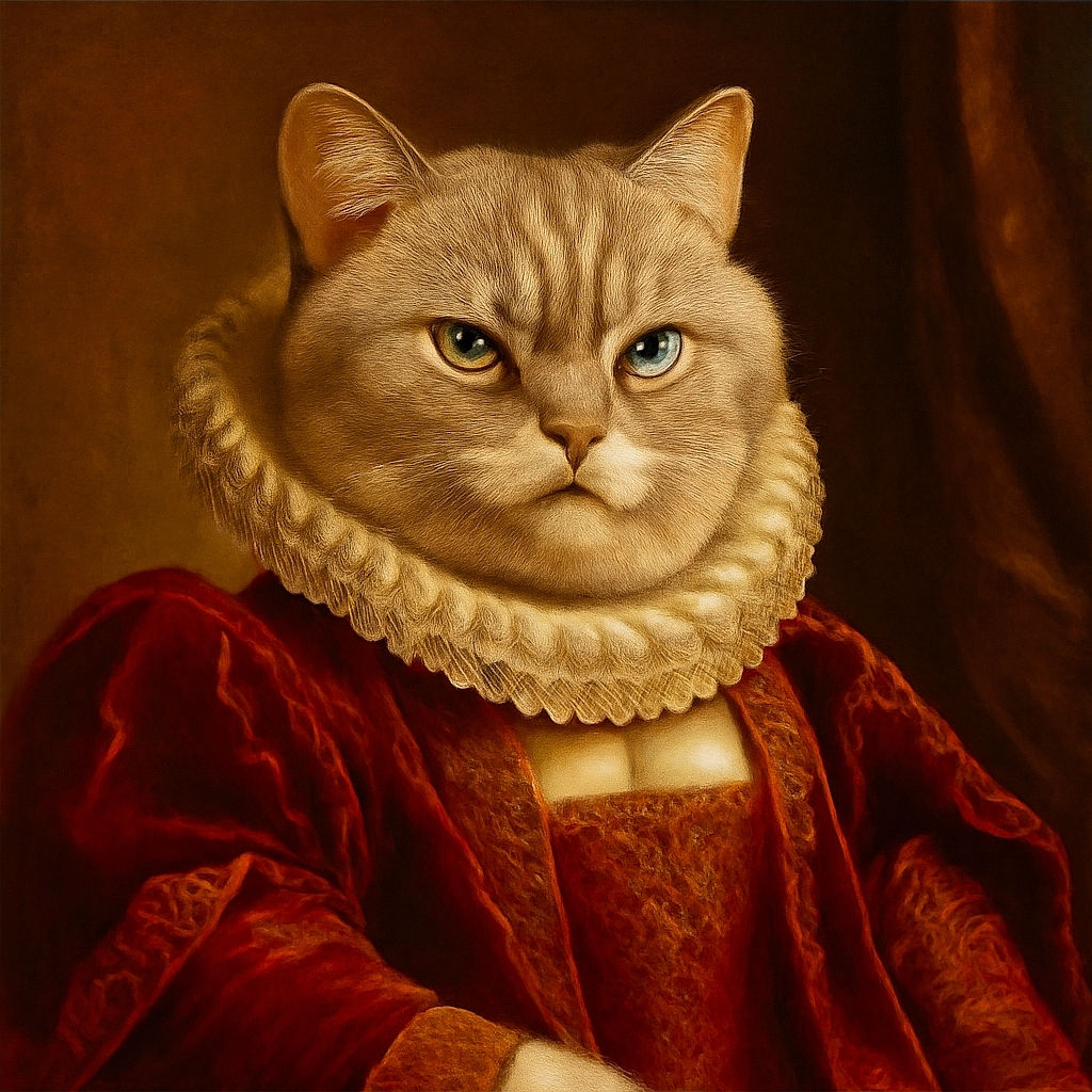 A close-up of a fluffy, light-colored cat with striking blue eyes staring directly at the camera, lounging comfortably on a textured surface with a cozy indoor background.