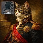 A chonky tabby captured from above, loafing on a textured carpet — stripes and white chest clearly visible as the cat contemplates the mysteries of the floor.