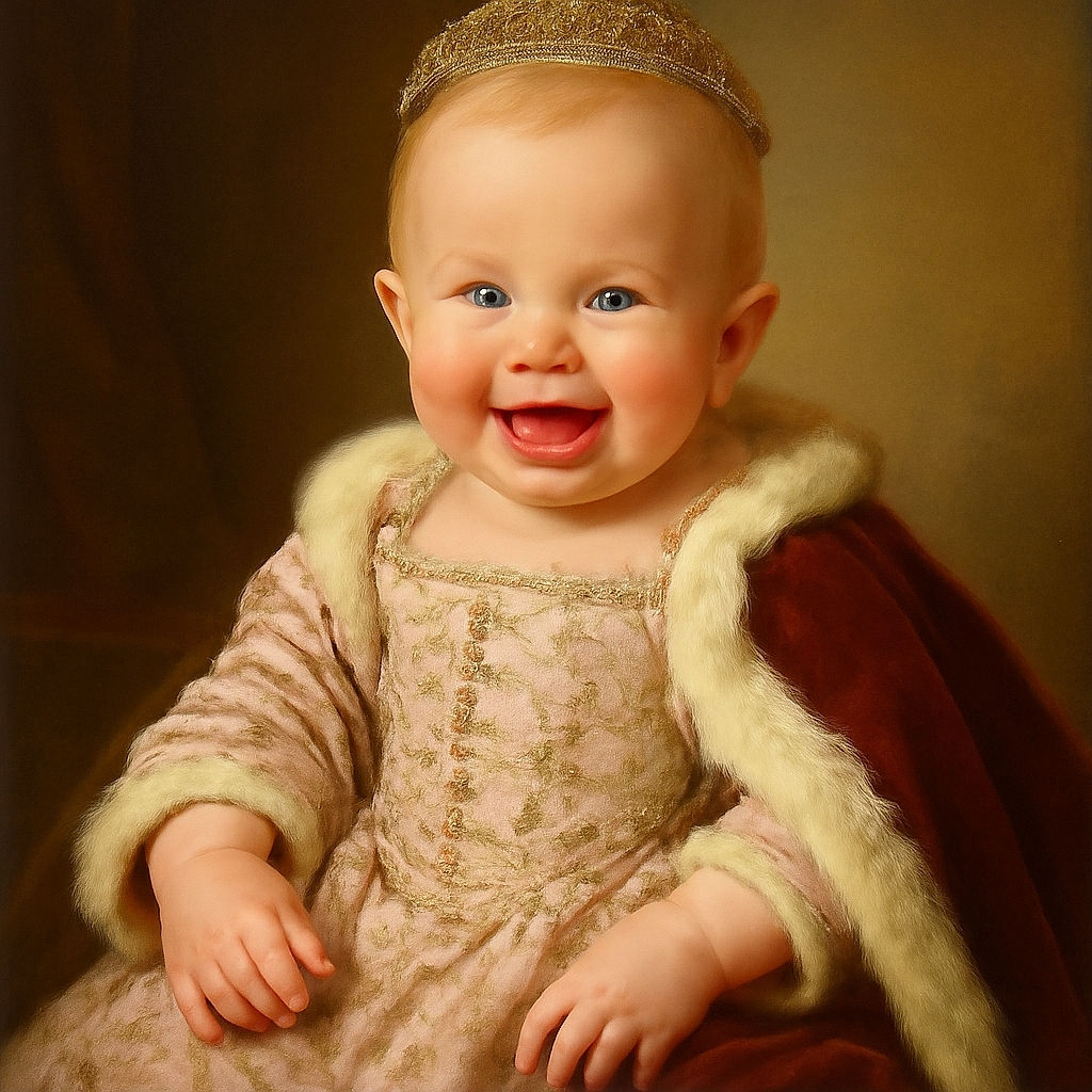 A joyful baby dressed in cozy floral pajamas is sitting on a fluffy yellow blanket, flashing a big toothless grin. Next to the baby, a cute green felt number 7 with a smiling face and a heart, along with wooden blocks spelling 'MONTHS,' celebrate the milestone. The softness of the blanket and the baby's happy expression make this a heartwarming snapshot of early life.