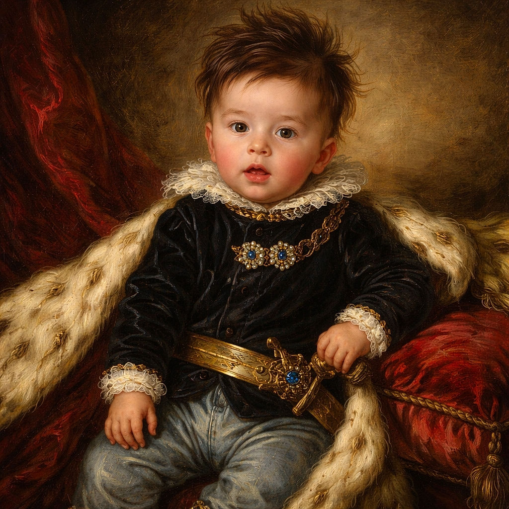 A wide-eyed baby with spiky hair sits adorably on a cozy beige textured couch, wearing a black shirt and denim jeans, surrounded by soft shadows from window blinds, while a black marker lies casually in front.