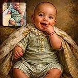 A joyful baby sitting comfortably on a plush beige armchair, wearing a cozy green outfit and matching socks, with a playful expression and a hand near the mouth as if contemplating a secret.