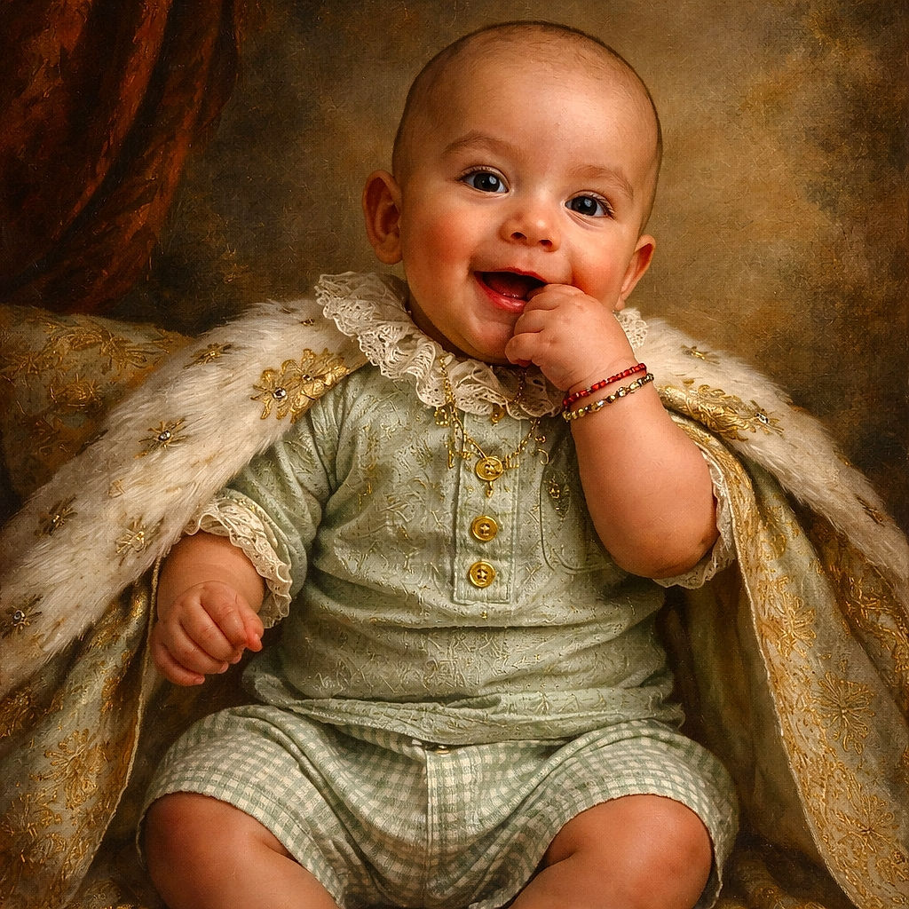 A joyful baby sitting comfortably on a plush beige armchair, wearing a cozy green outfit and matching socks, with a playful expression and a hand near the mouth as if contemplating a secret.