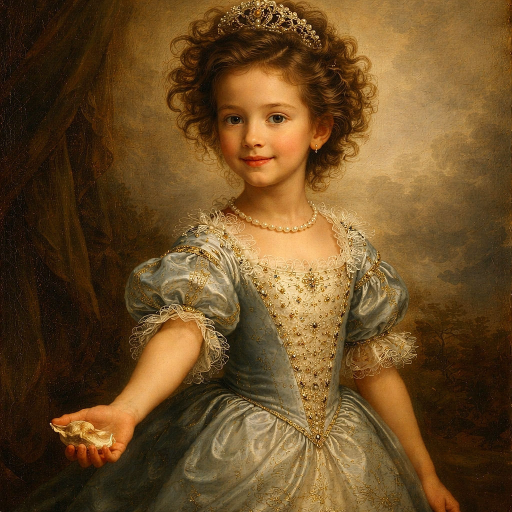 A wind-tousled child in a navy polka-dot dress runs toward the camera on a wet sandy beach, holding out a small object like a tiny treasure. Her hair is doing its own weather report, the shoreline and soft waves blur into the background, and the image feels like a candid phone snap with app UI black bars at top and bottom.