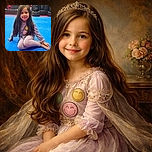A cheerful young girl with long hair sits cross-legged on a bright blue mat in a martial arts gym, sporting a cozy lavender outfit with smiley faces, while the background buzzes with other kids in red martial arts uniforms and punching bags.