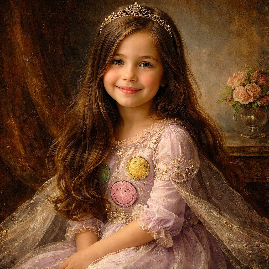 A cheerful young girl with long hair sits cross-legged on a bright blue mat in a martial arts gym, sporting a cozy lavender outfit with smiley faces, while the background buzzes with other kids in red martial arts uniforms and punching bags.