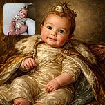 A chubby-cheeked baby with bright blue eyes and a quirky tuft of hair sits comfortably on a textured white chair, wearing a camo-patterned Bass Pro Shops onesie, looking curiously at the camera with a hint of a smile.