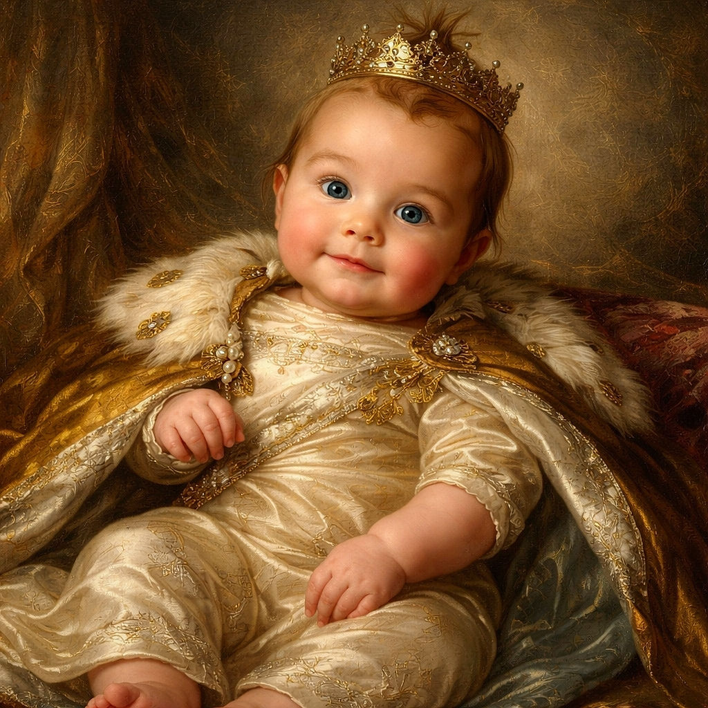A chubby-cheeked baby with bright blue eyes and a quirky tuft of hair sits comfortably on a textured white chair, wearing a camo-patterned Bass Pro Shops onesie, looking curiously at the camera with a hint of a smile.