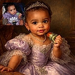 A cute toddler wearing a purple outfit with a big white flower print is sitting comfortably, holding a green teether, looking curiously at the camera with bright eyes and a slight smile.