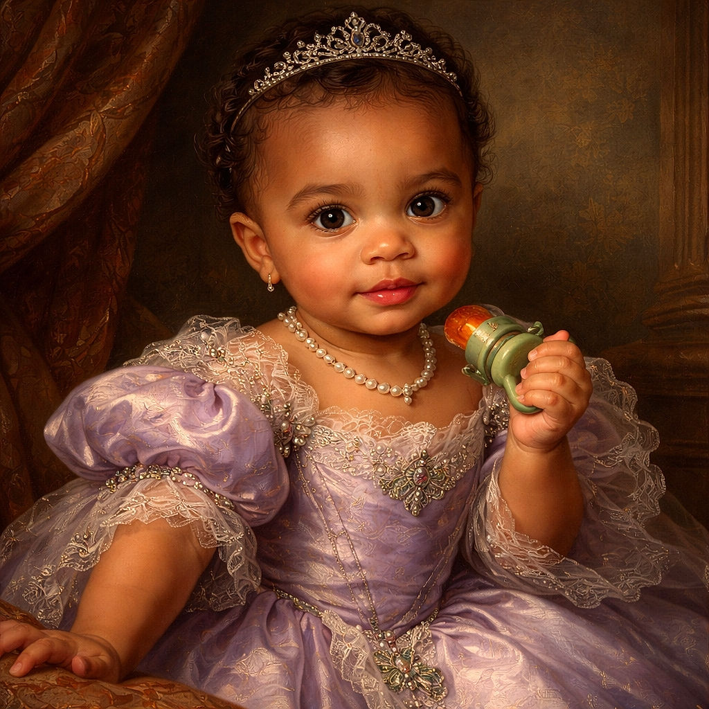 A cute toddler wearing a purple outfit with a big white flower print is sitting comfortably, holding a green teether, looking curiously at the camera with bright eyes and a slight smile.