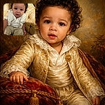 A curious toddler with big expressive eyes sits on a vintage patterned golden couch, dressed in a white polo shirt and khaki shorts, looking directly at the camera with a slightly puzzled expression.