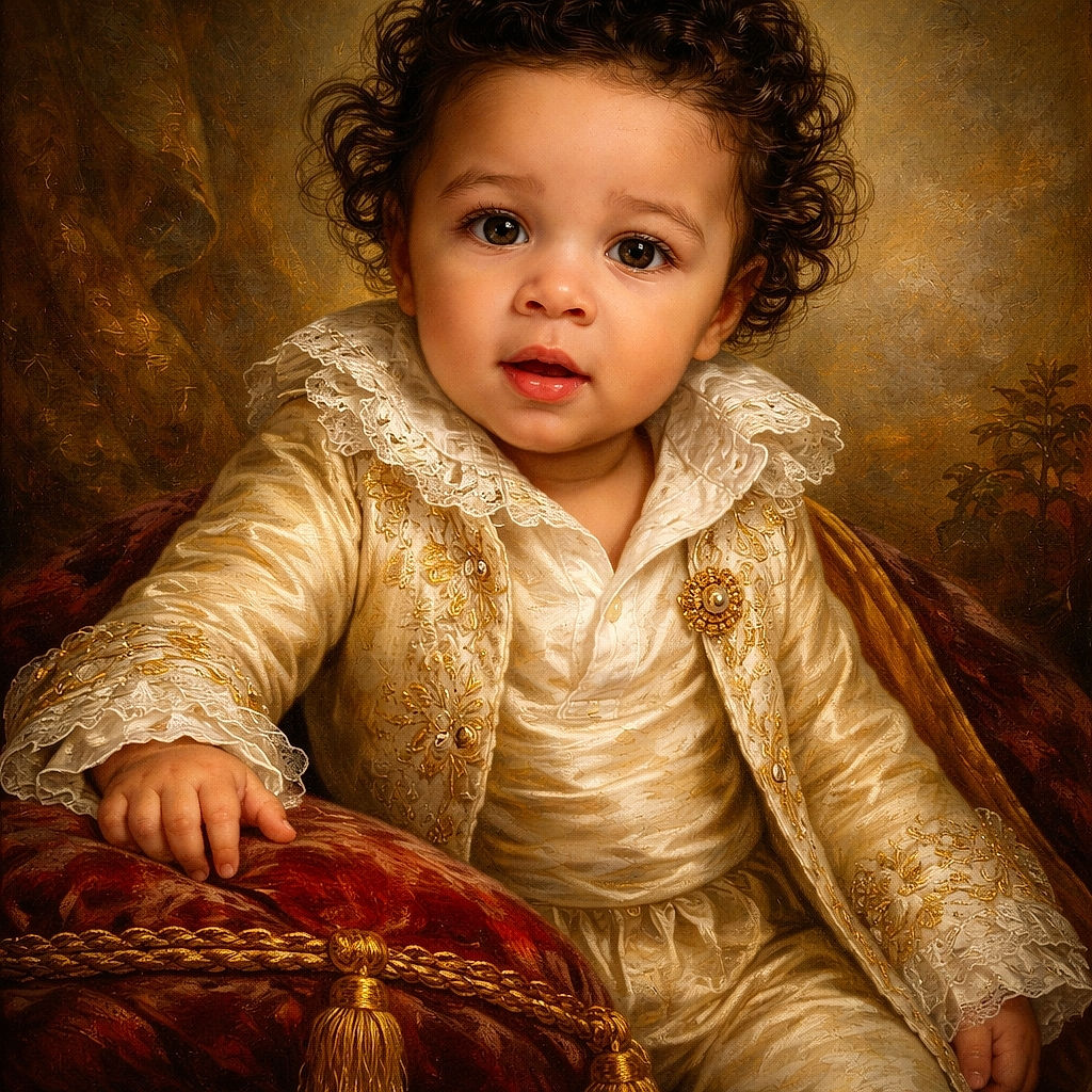 A curious toddler with big expressive eyes sits on a vintage patterned golden couch, dressed in a white polo shirt and khaki shorts, looking directly at the camera with a slightly puzzled expression.