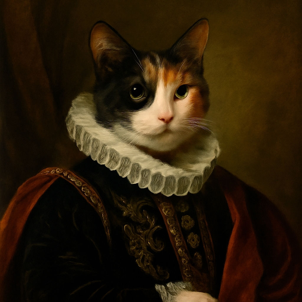 A beautifully patterned calico cat lounges gracefully on a bed adorned with intricate yellow and white designs, gazing directly at the camera with serene green eyes, while the warm indoor lighting adds a cozy atmosphere.