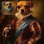 A small dog with big, curious eyes is wearing a blue bandana, standing on a wooden floor in a cozy room with some furniture and household items around. The dog looks like it's about to say something important, while the screen overlay shows text and icons from a chat or photo app.