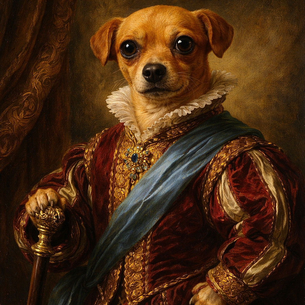A small dog with big, curious eyes is wearing a blue bandana, standing on a wooden floor in a cozy room with some furniture and household items around. The dog looks like it's about to say something important, while the screen overlay shows text and icons from a chat or photo app.