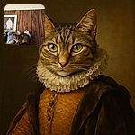 A curious tabby cat is perched on a wooden shelf surrounded by blue and white ceramic figurines and jars, blending in with the artistic decor against a rustic wooden wall. The cat's alert eyes add a lively touch to this serene and cozy setting.