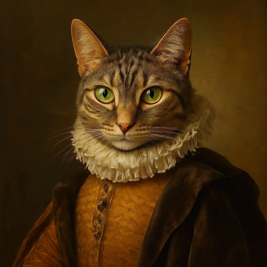 A curious tabby cat is perched on a wooden shelf surrounded by blue and white ceramic figurines and jars, blending in with the artistic decor against a rustic wooden wall. The cat's alert eyes add a lively touch to this serene and cozy setting.