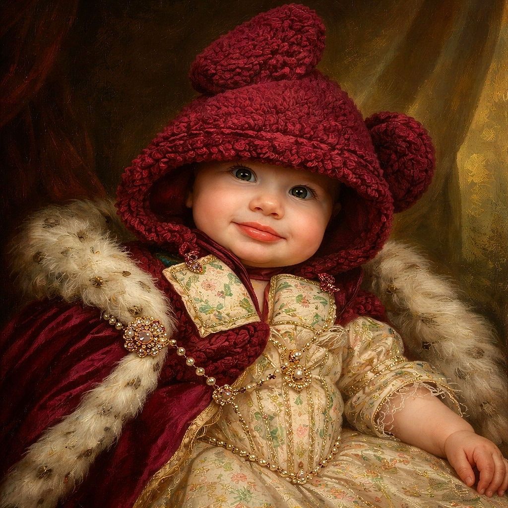 A tiny grumpy bear-baby in a fluffy maroon hood giving a dramatic pout while snug in a car seat, wrapped in floral and pink blankets — clearly unimpressed by whoever interrupted nap time.