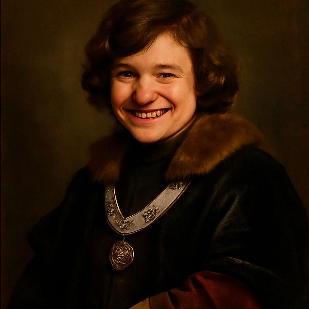 A cheerful young person with tousled hair leans close to the camera, flashing a wide, goofy smile in a brightly lit room with a folding screen and some posters on the wall.