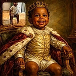 A joyful toddler sits on a small chair in a cozy room with polished wooden floors, wearing a light-colored t-shirt and diaper, flashing a bright smile that lights up the space.