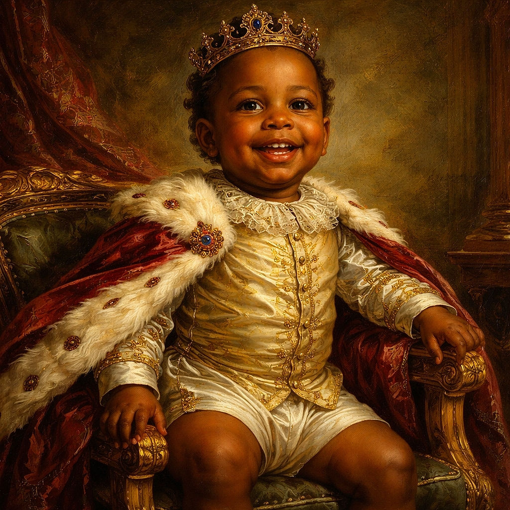 A joyful toddler sits on a small chair in a cozy room with polished wooden floors, wearing a light-colored t-shirt and diaper, flashing a bright smile that lights up the space.