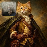 A fluffy orange kitten sits attentively on a dark surface against a textured gold-patterned wall, with a small portion of a person's curly hair visible in the lower left corner, making it look like the kitten is the star of the show while the human is just a sidekick.