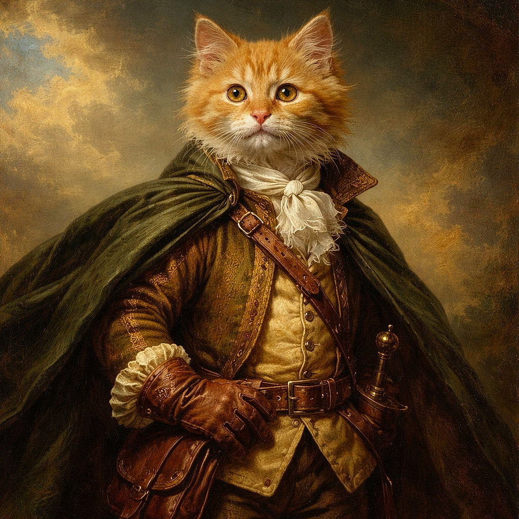 A fluffy orange kitten sits attentively on a dark surface against a textured gold-patterned wall, with a small portion of a person's curly hair visible in the lower left corner, making it look like the kitten is the star of the show while the human is just a sidekick.