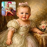 A cheerful baby with a pink bow in her hair sits confidently on a wooden table, wearing a bright green New Balance shirt and pink shorts. Behind her is a colorful wall art featuring a red truck carrying flowers and the word 'blessed' elegantly written. The setting is cozy with baskets and a window letting in soft natural light.