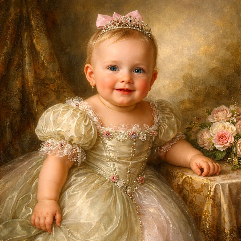 A cheerful baby with a pink bow in her hair sits confidently on a wooden table, wearing a bright green New Balance shirt and pink shorts. Behind her is a colorful wall art featuring a red truck carrying flowers and the word 'blessed' elegantly written. The setting is cozy with baskets and a window letting in soft natural light.