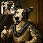 A cheerful black-and-white dog sits proudly in the sunshine, grinning so enthusiastically that its giant nose seems to have arrived before the rest of its face. Mountains, greenery, patterned fabric, and a patio create a bright outdoor backdrop, while the little red tag adds a tiny dash of canine jewelry.
