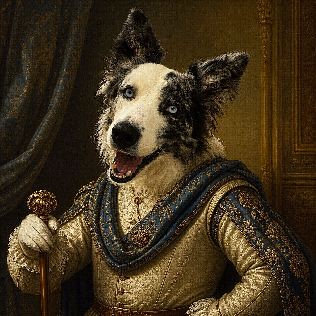 A cheerful black-and-white dog sits proudly in the sunshine, grinning so enthusiastically that its giant nose seems to have arrived before the rest of its face. Mountains, greenery, patterned fabric, and a patio create a bright outdoor backdrop, while the little red tag adds a tiny dash of canine jewelry.