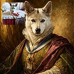 A focused dog with strikingly different colored eyes lounges on a bed, clutching a pink stuffed toy with its paws. The background features a rustic brick wall with a vintage car mural, adding a quirky touch to the cozy indoor scene.