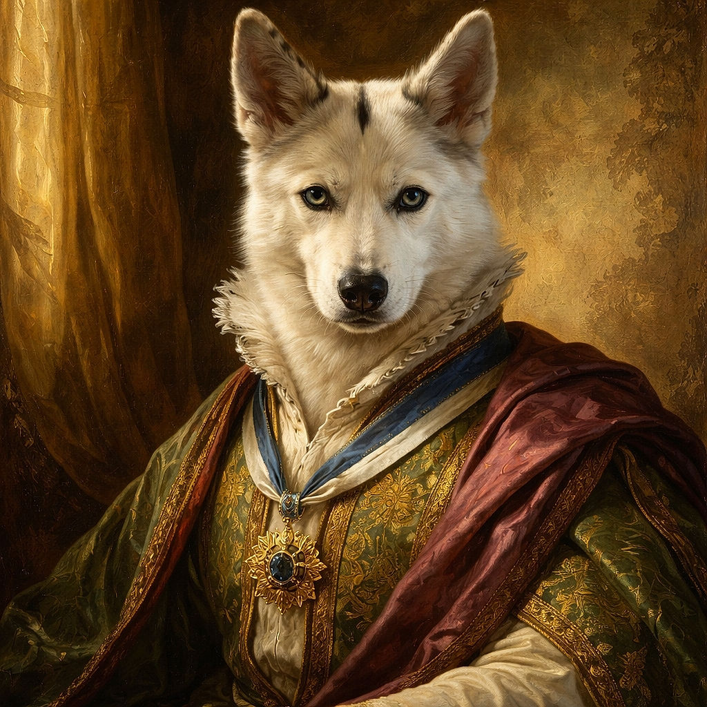 A focused dog with strikingly different colored eyes lounges on a bed, clutching a pink stuffed toy with its paws. The background features a rustic brick wall with a vintage car mural, adding a quirky touch to the cozy indoor scene.