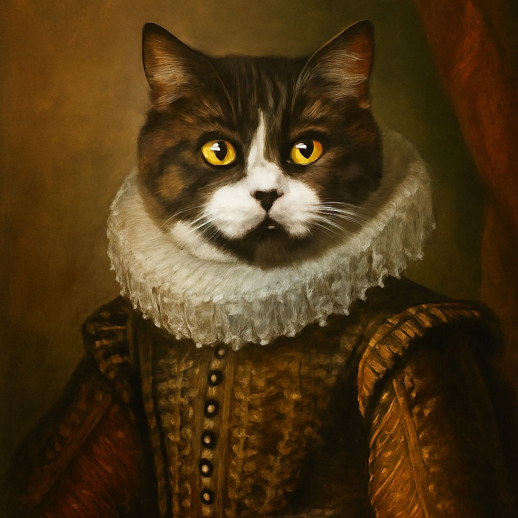 A close-up photo of a cat with striking yellow eyes and a unique fur pattern that looks like a mustache, sitting next to a green plant with a soft pink background.