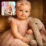 A charming baby girl dressed in a delicate pink outfit with a matching bow headband sits comfortably on a textured grey armchair, clutching a large, fluffy grey stuffed bunny. The background features a soft green pillow and a pink curtain, creating a cozy and colorful scene full of innocence and cuteness.