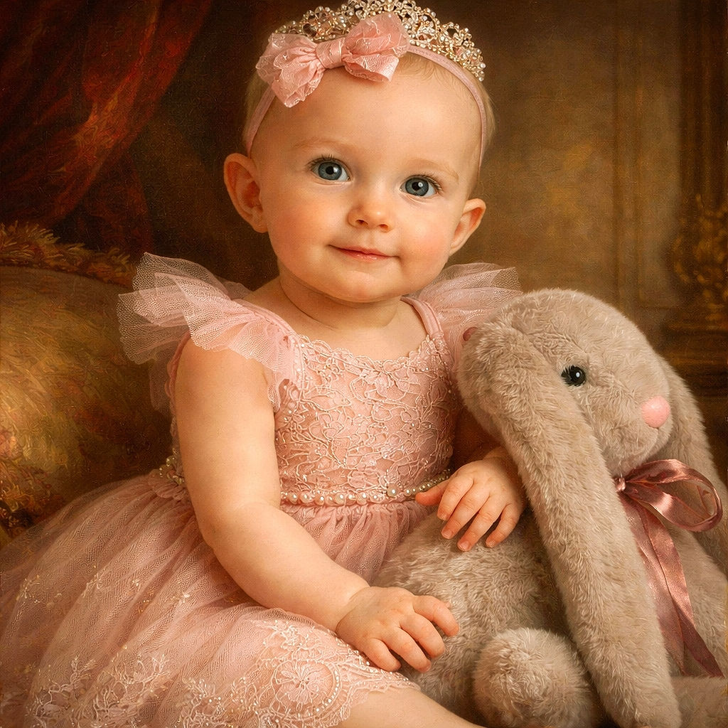 A charming baby girl dressed in a delicate pink outfit with a matching bow headband sits comfortably on a textured grey armchair, clutching a large, fluffy grey stuffed bunny. The background features a soft green pillow and a pink curtain, creating a cozy and colorful scene full of innocence and cuteness.