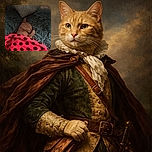 A cozy orange cat is peacefully sleeping under a bright pink blanket with black polka dots, nestled on a fluffy blue cushion with a heart-shaped floral pillow above, creating a snug and adorable naptime scene.