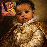 A curious baby with big shiny eyes is being held by a person with vibrant, colorful floral tattoos on their arm, creating a lively contrast with the baby's yellow shirt and the purple background.