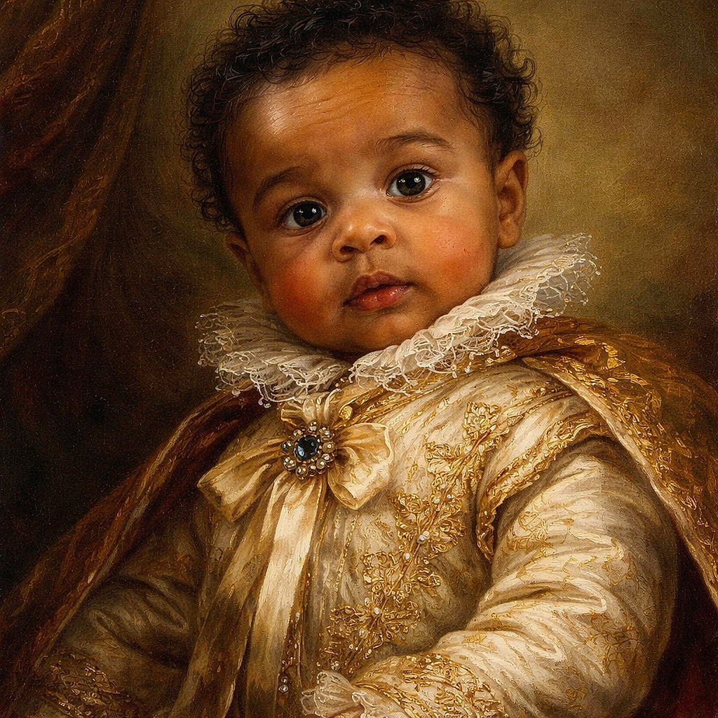 A curious baby with big shiny eyes is being held by a person with vibrant, colorful floral tattoos on their arm, creating a lively contrast with the baby's yellow shirt and the purple background.