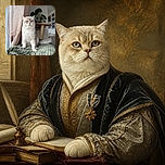 A majestic cream-colored cat sits on a plush green blanket like a tiny, serious monarch, staring straight into the camera while its fluffy tail dramatically sweeps across the scene. Soft curtains, leafy plants, framed pictures, and warm indoor light complete the cozy royal residence.