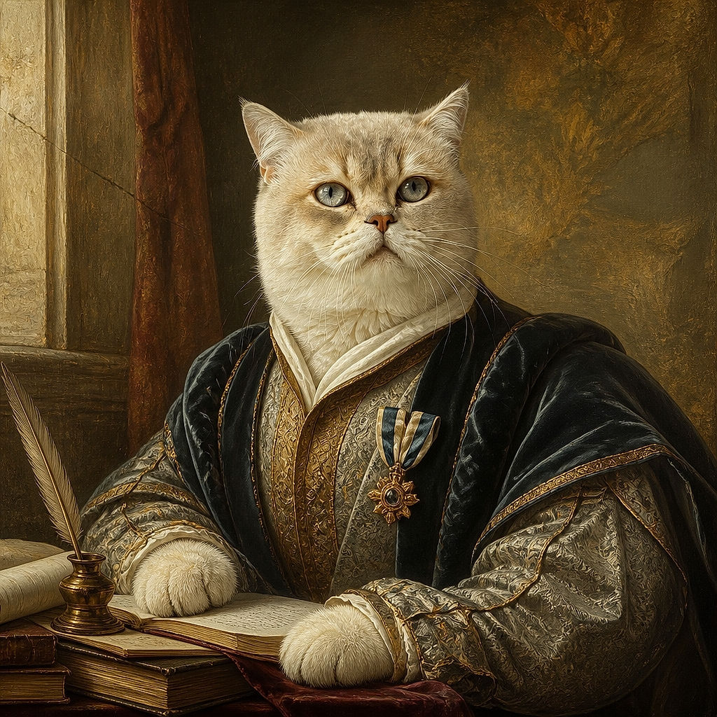 A majestic cream-colored cat sits on a plush green blanket like a tiny, serious monarch, staring straight into the camera while its fluffy tail dramatically sweeps across the scene. Soft curtains, leafy plants, framed pictures, and warm indoor light complete the cozy royal residence.
