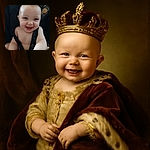 A happy baby with a big smile and sparkling eyes is strapped into a patterned baby seat, radiating pure joy and innocence, with a playful lion design in the background adding a whimsical touch.