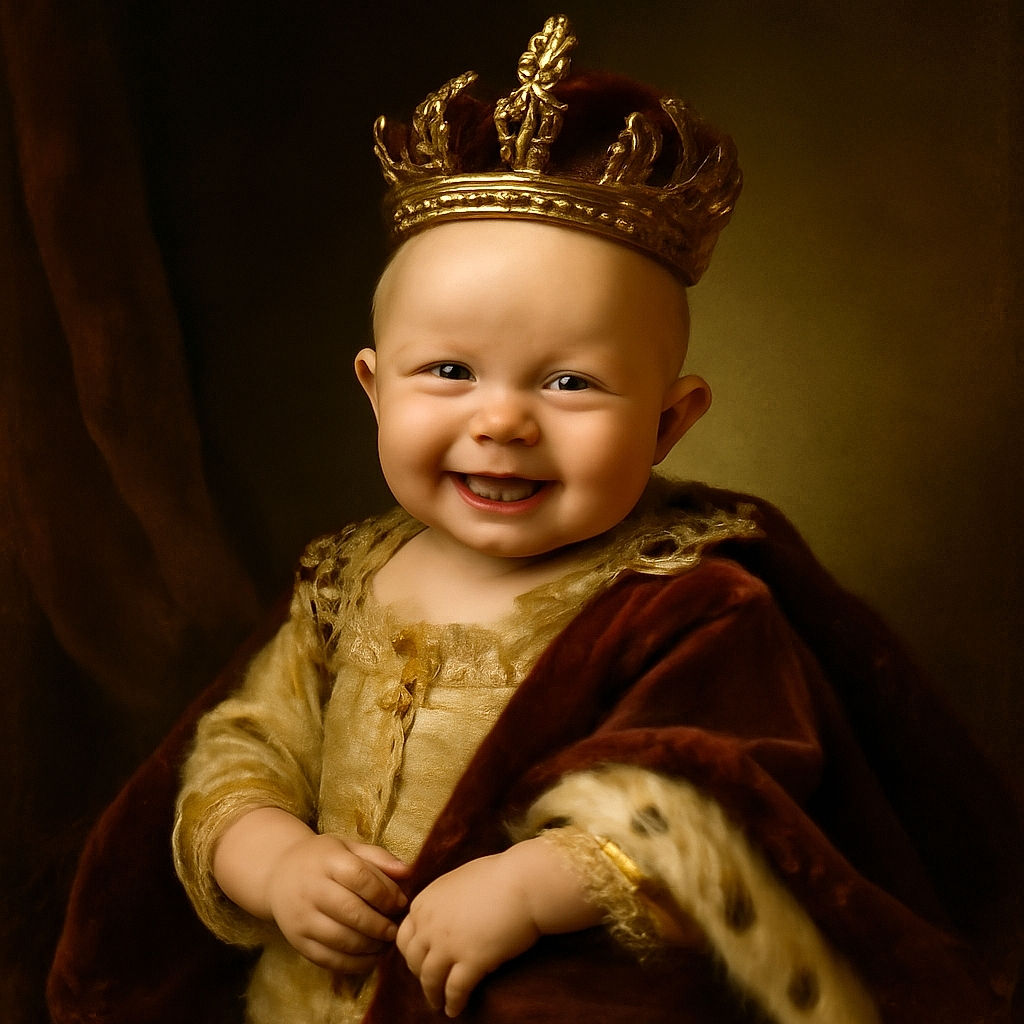 A happy baby with a big smile and sparkling eyes is strapped into a patterned baby seat, radiating pure joy and innocence, with a playful lion design in the background adding a whimsical touch.