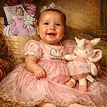 A cheerful baby dressed in a pink Hello Kitty dress lounges on a floral pillow and blanket, clutching a soft elephant plushie, with a cozy and colorful backdrop that feels like a warm hug.