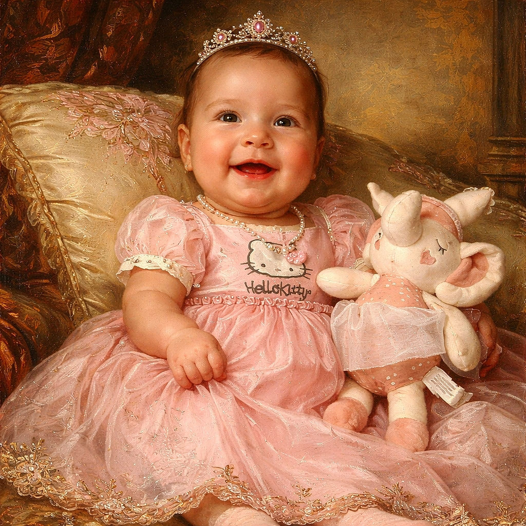 A cheerful baby dressed in a pink Hello Kitty dress lounges on a floral pillow and blanket, clutching a soft elephant plushie, with a cozy and colorful backdrop that feels like a warm hug.