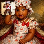 A cute baby wearing a cherry-patterned hat and matching swimsuit sits on a cozy bed surrounded by fluffy white pillows, looking curiously to the side while touching their hat, radiating adorable charm and innocence.